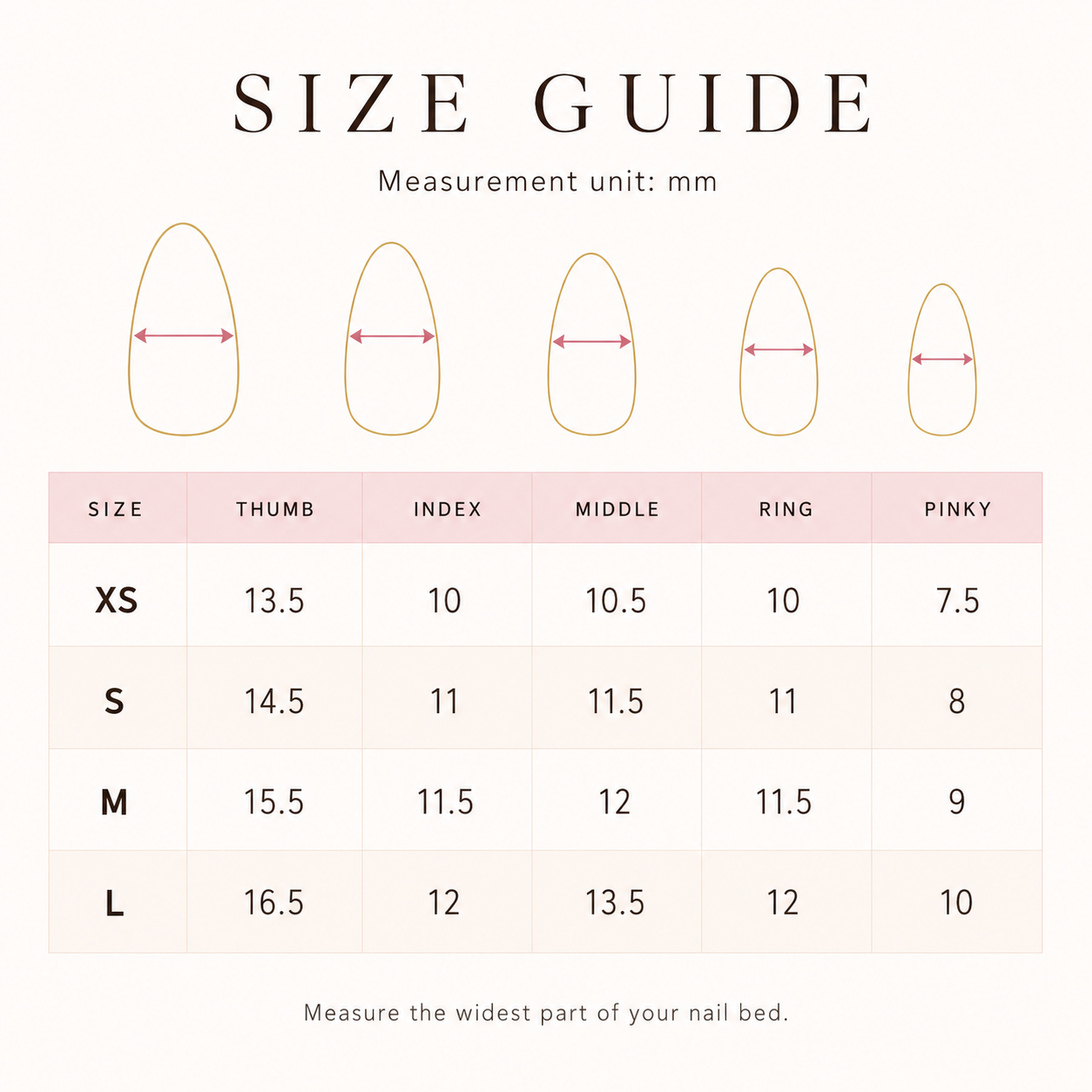 Amoré size guide — nail measurements in millimetres for sizes XS to L