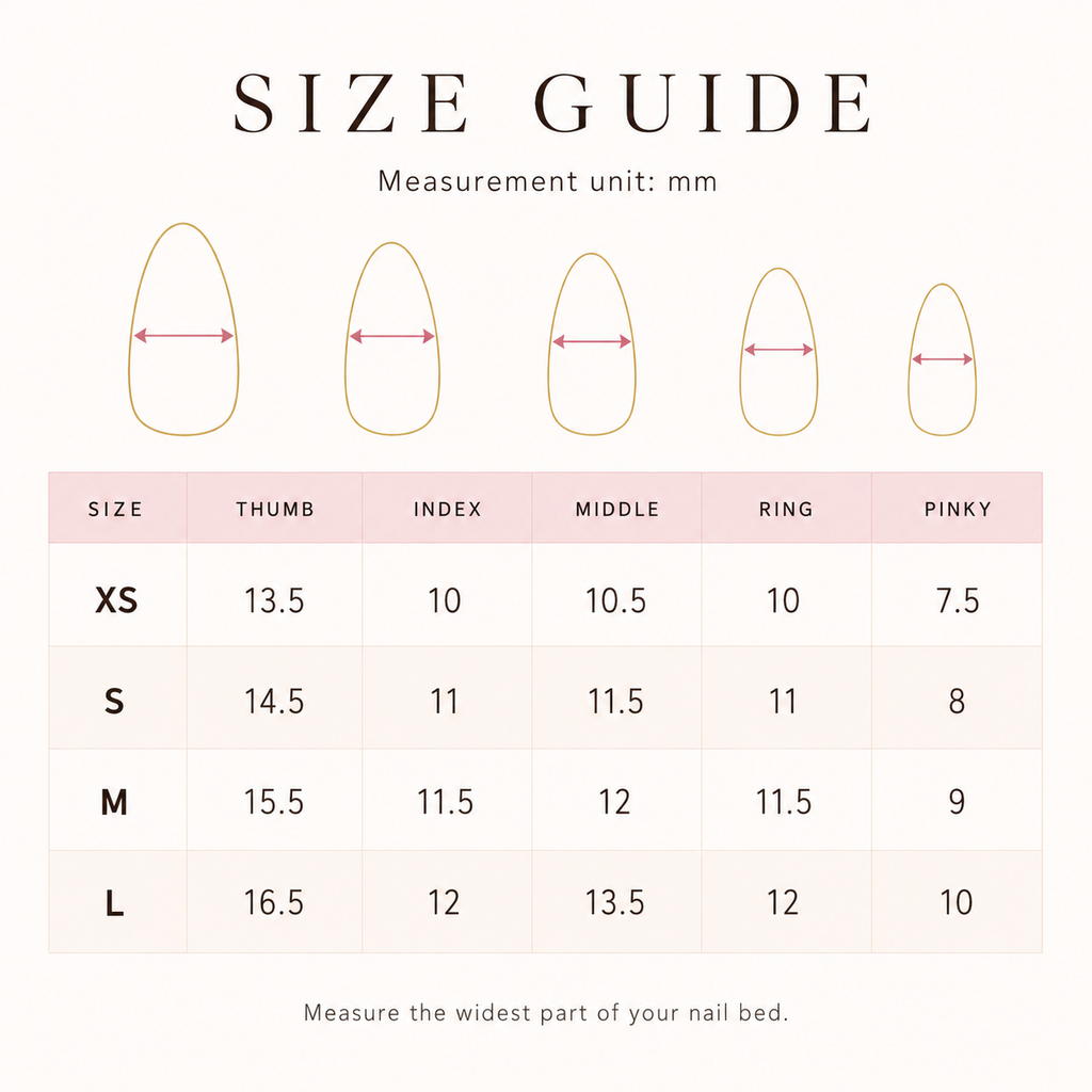 Amoré size guide — nail measurements in millimetres for sizes XS to L